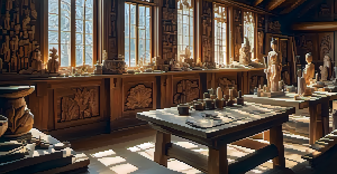 A bright woodcarving workshop with tools and sculptures on a table, illuminated by sunlight.