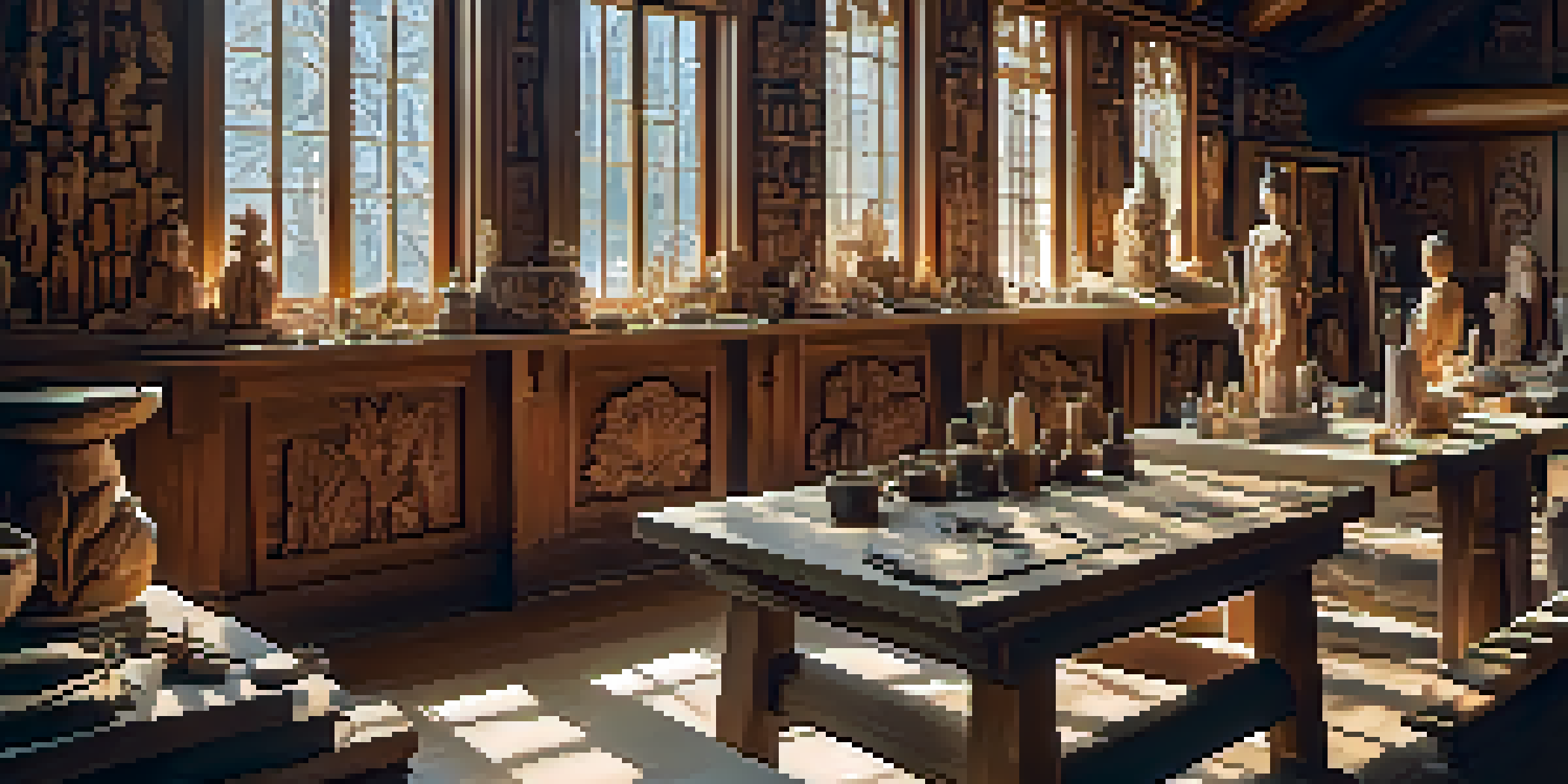A bright woodcarving workshop with tools and sculptures on a table, illuminated by sunlight.