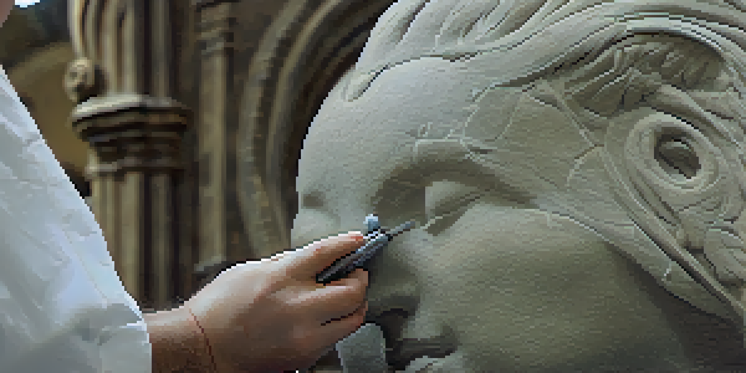 A close-up of a stone sculpture being restored, focusing on the detailed carving work and textures of the stone.