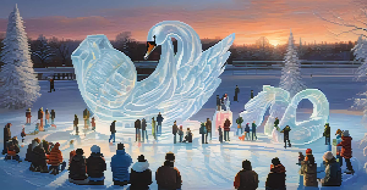 An ice carving competition at dusk, with artists creating illuminated sculptures and spectators watching.