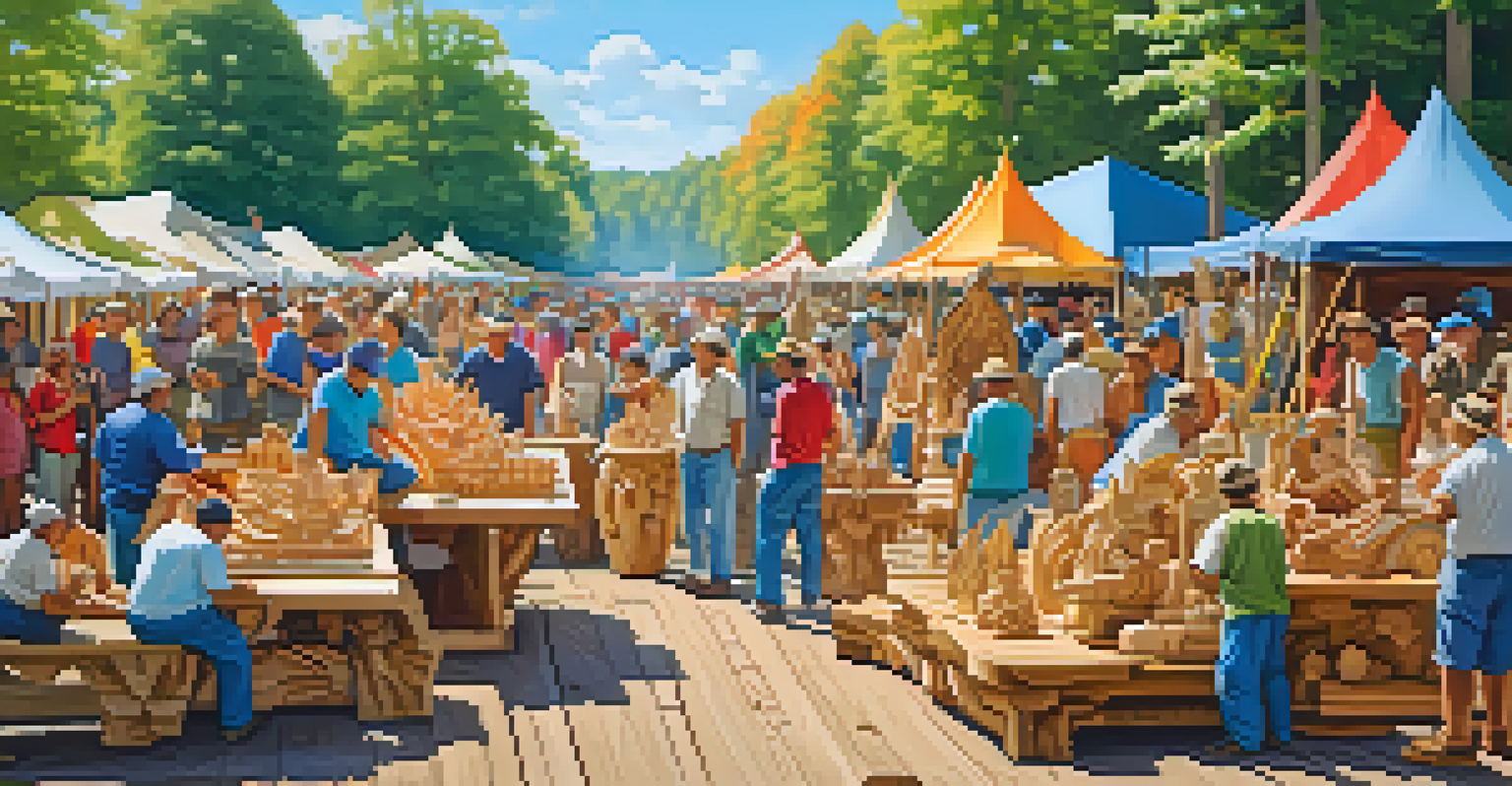 Artisans collaborating at a wood carving festival, surrounded by onlookers and colorful decorations against a blue sky.