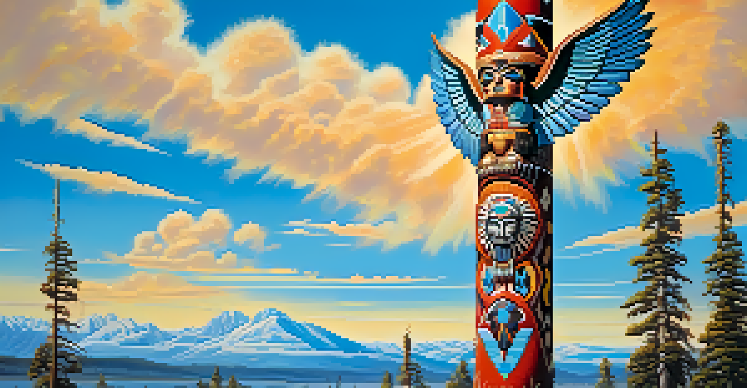 A colorful Native American totem pole with intricate carvings, set against a clear blue sky, showcasing nature and clan stories.