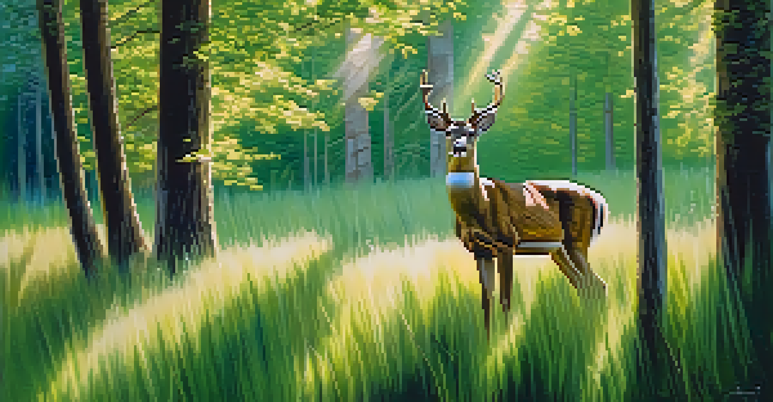 A majestic deer in a forest, surrounded by tall grass and dappled sunlight filtering through trees.