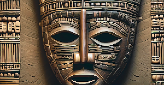 A detailed view of a wooden mask carved by the Dogon people, emphasizing the intricate patterns and textures.