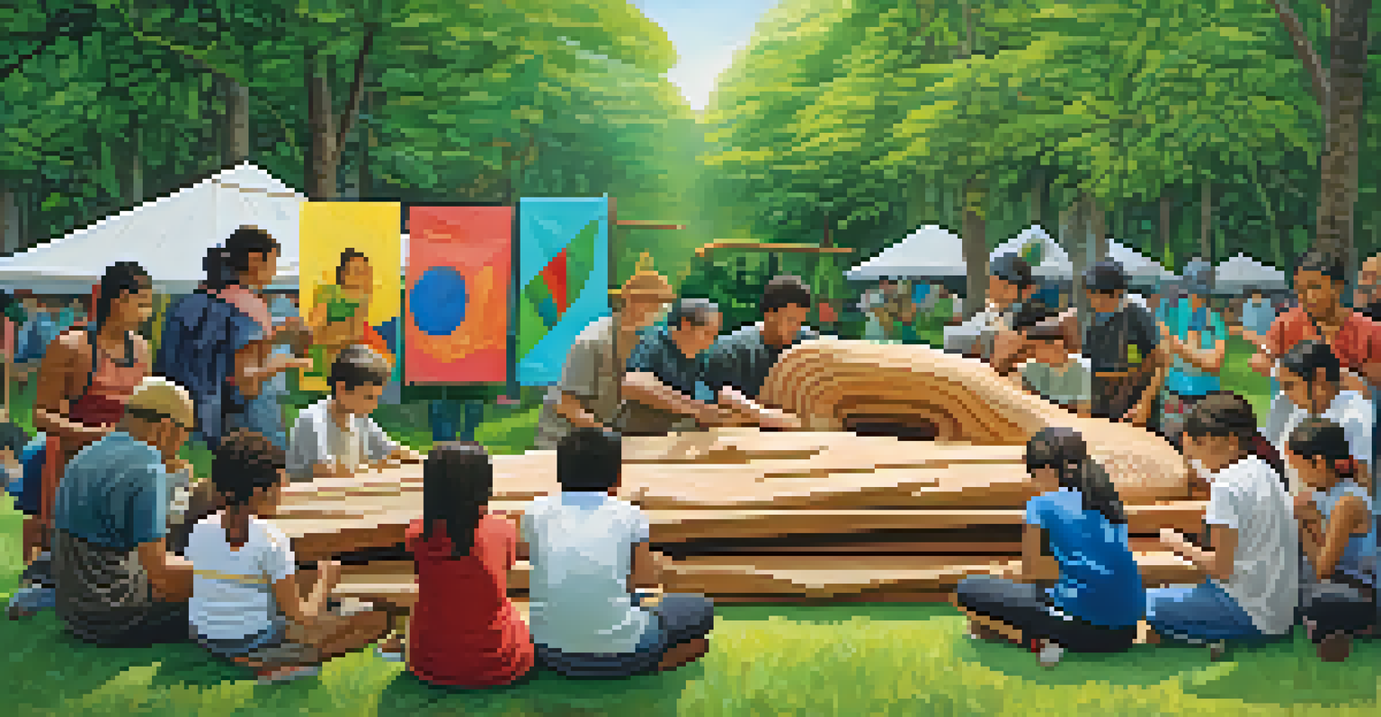 A diverse group of participants working together at an outdoor community carving workshop on a large wooden sculpture.