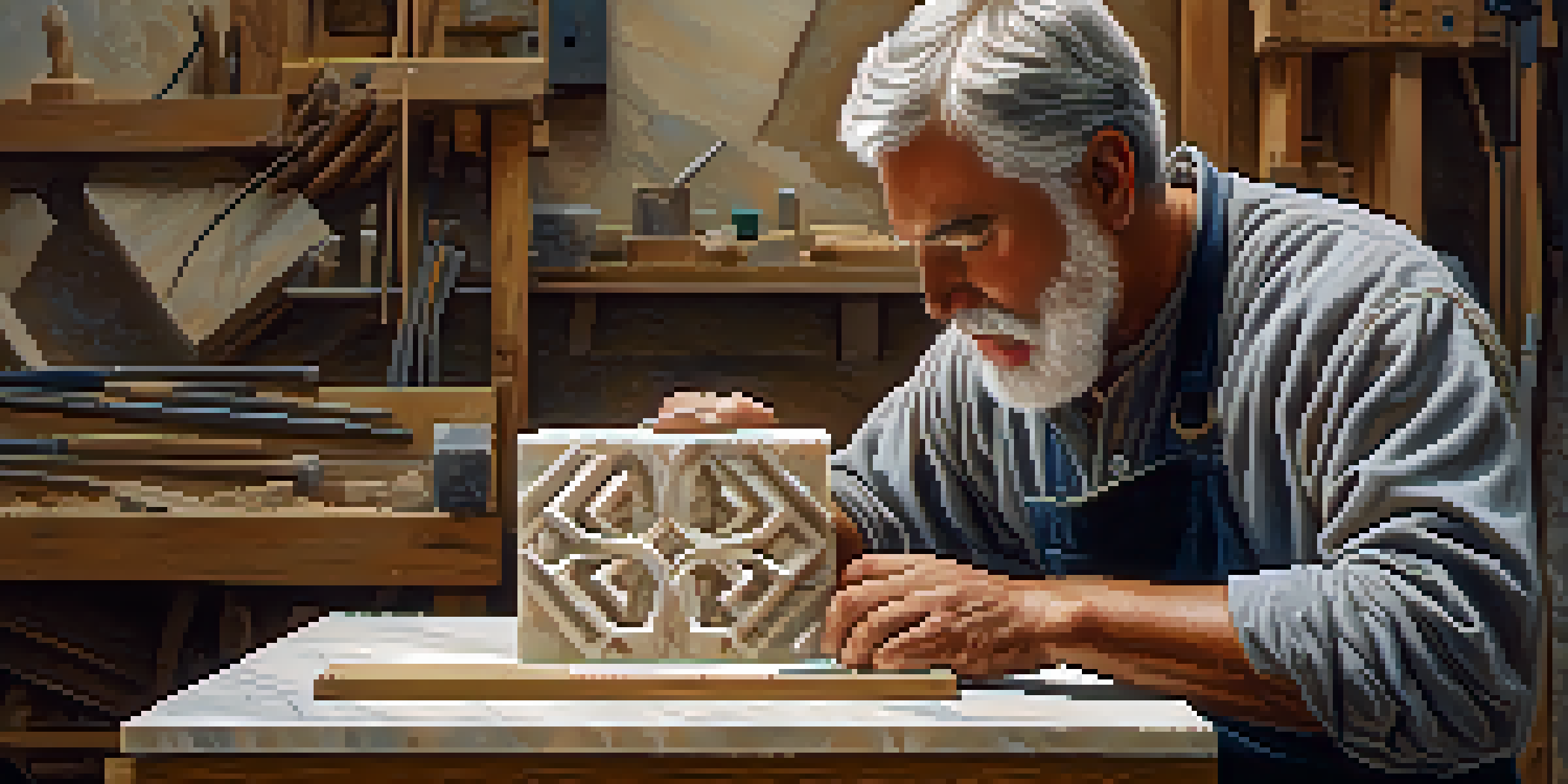An artisan carving marble with a stone chisel, showcasing focused craftsmanship and intricate details.