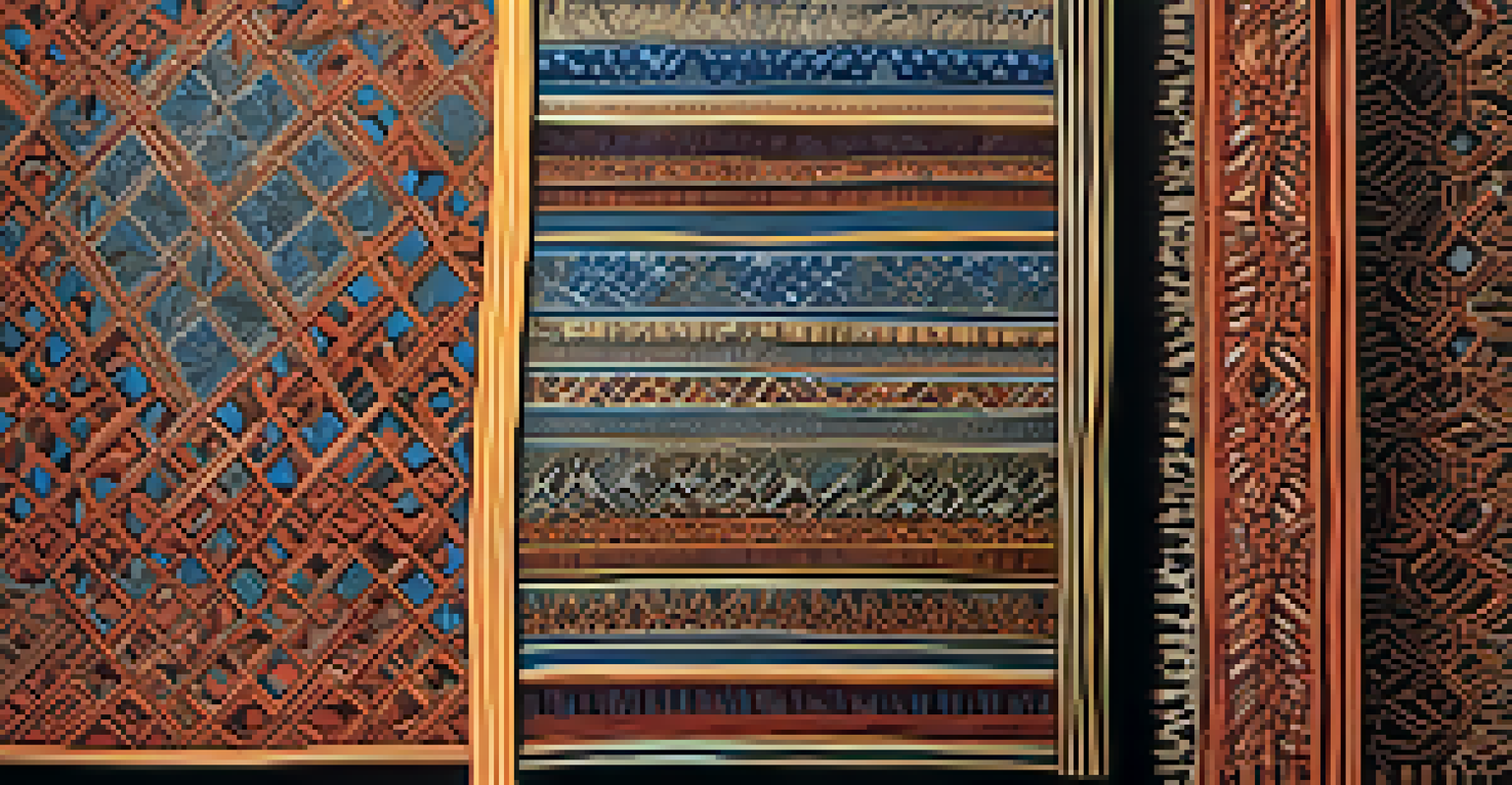 A textile artwork featuring carved designs on colorful fabrics, displayed with natural light casting shadows.