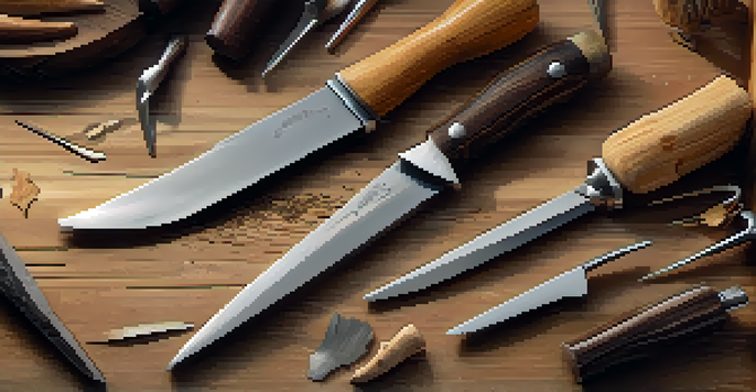 A detailed view of assorted wooden carving knives displayed on a workbench, surrounded by wood shavings and softly lit.