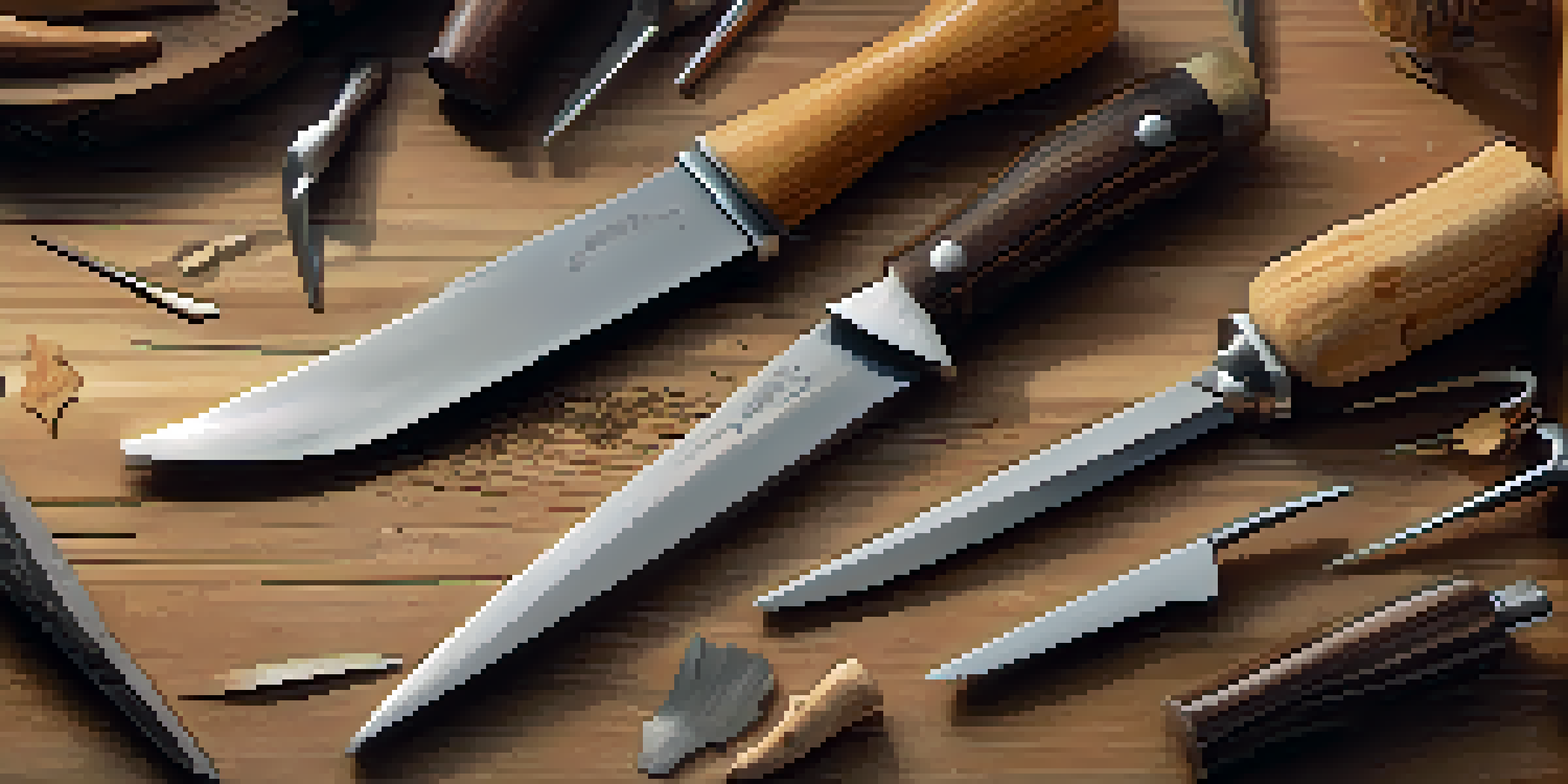 A detailed view of assorted wooden carving knives displayed on a workbench, surrounded by wood shavings and softly lit.