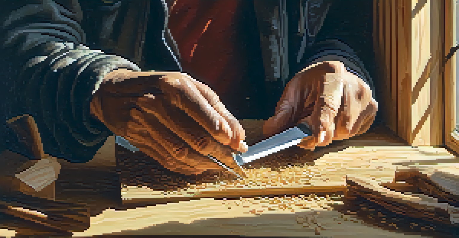 An artist carving wood with focused hands, surrounded by wood shavings, illuminated by warm light.