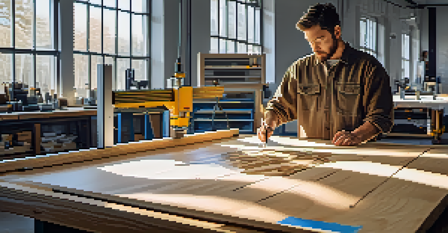 An artist collaborating with a CNC machine in a bright workshop, with designs on the computer screen.