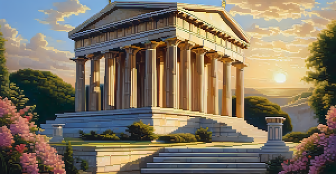 An ancient Greek temple with intricate marble carvings illuminated by sunset, surrounded by greenery and flowers.
