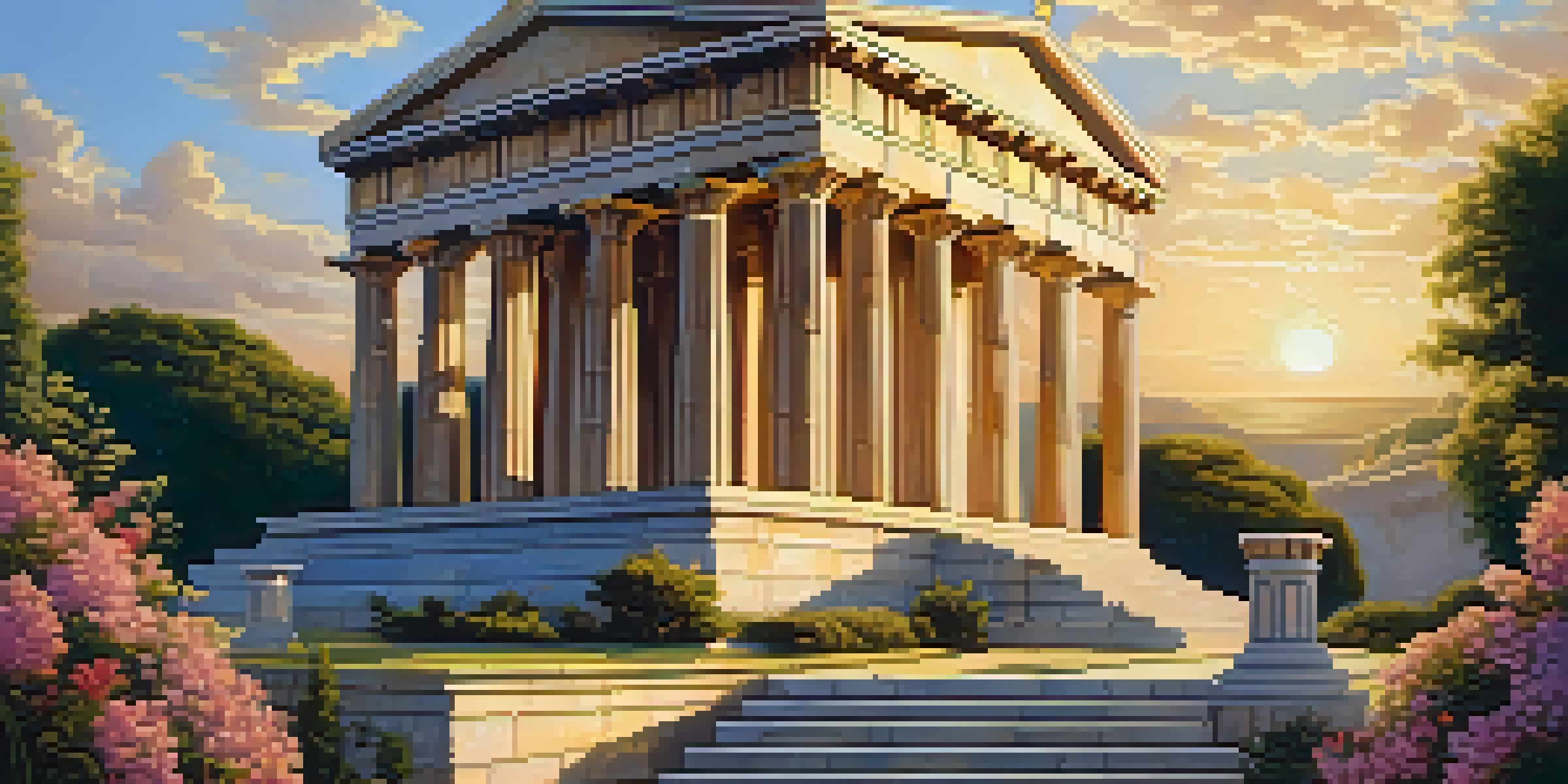 An ancient Greek temple with intricate marble carvings illuminated by sunset, surrounded by greenery and flowers.