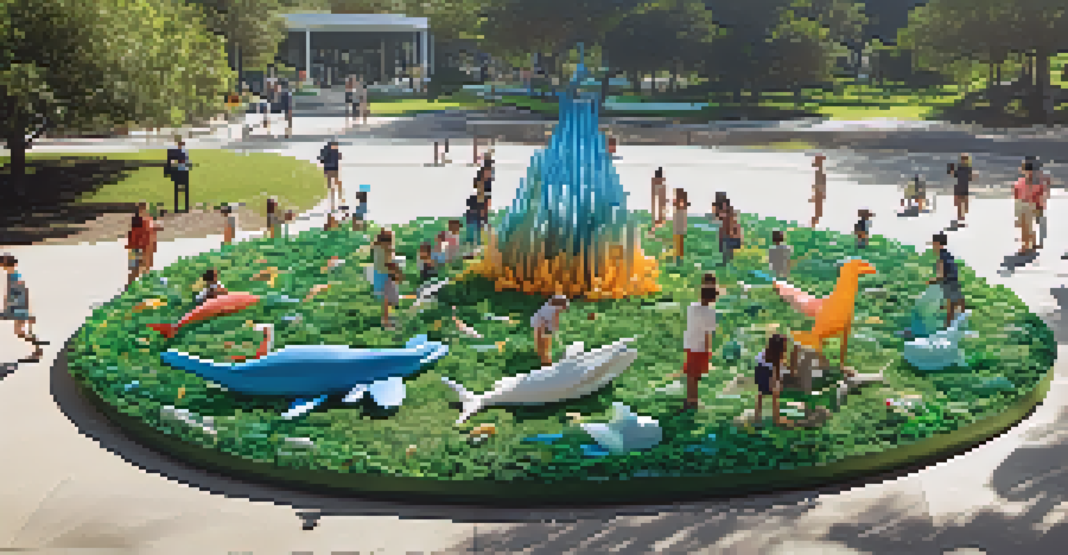 A public park installation of sculptures made from recycled plastics, depicting marine life, with people interacting with the art.