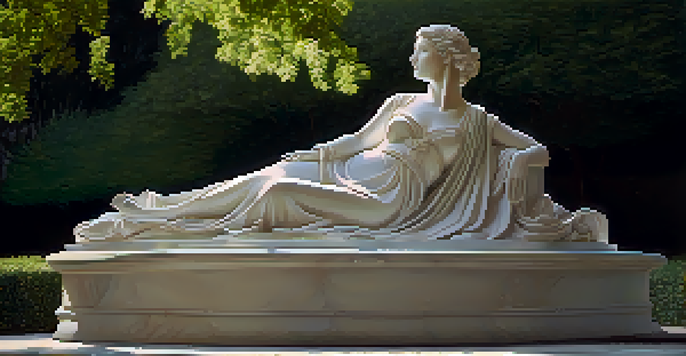 A life-sized marble sculpture of a serene woman in a flowing dress, set in a lush green park with dappled sunlight.
