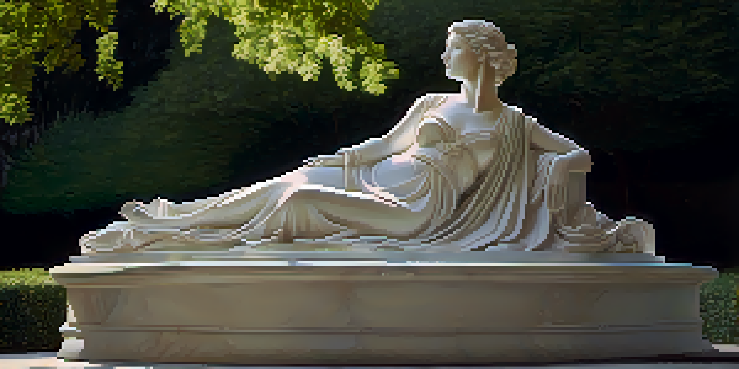A life-sized marble sculpture of a serene woman in a flowing dress, set in a lush green park with dappled sunlight.