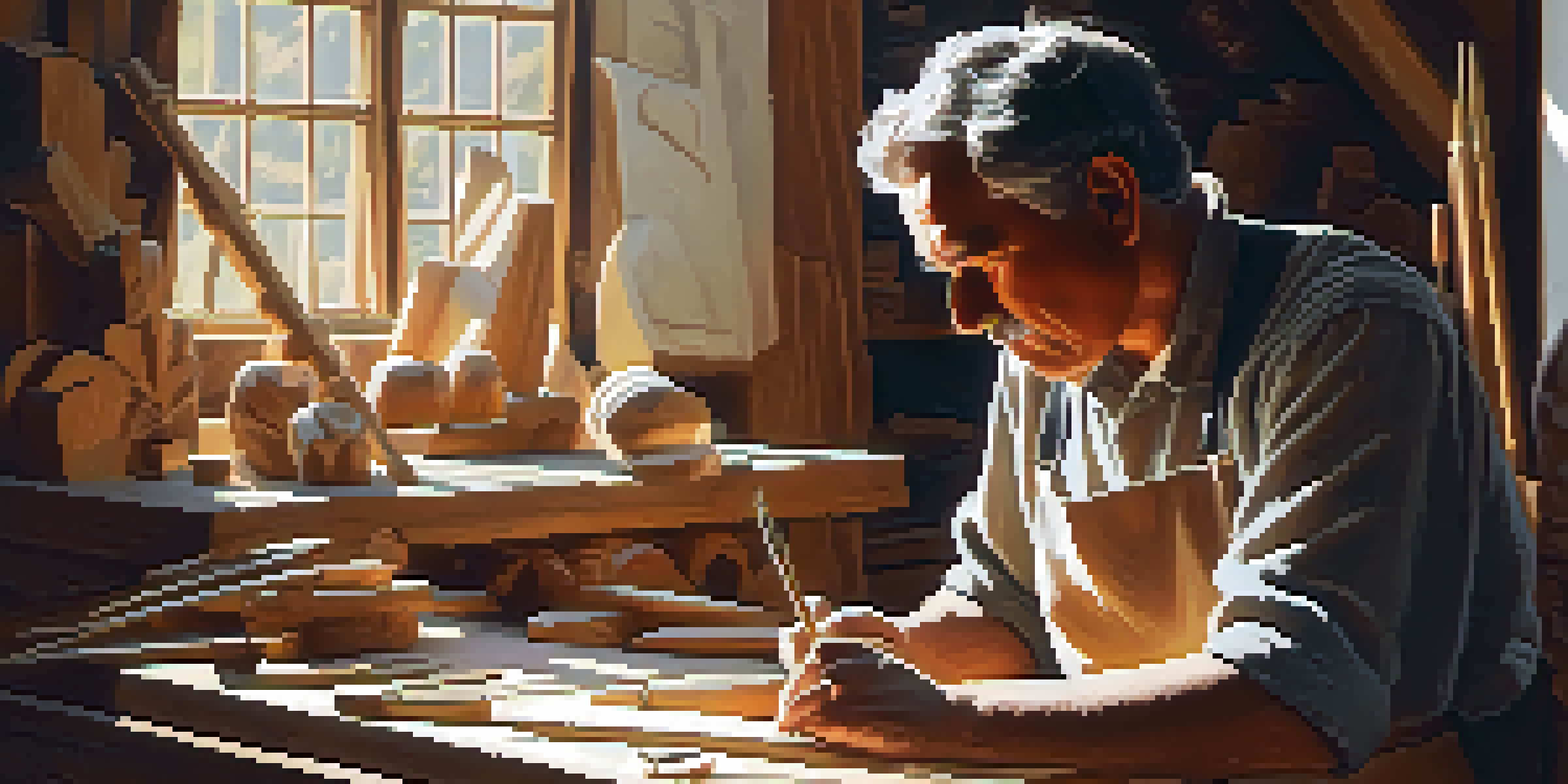 An artisan carving a wooden sculpture in a bright workshop, surrounded by tools and wood shavings.