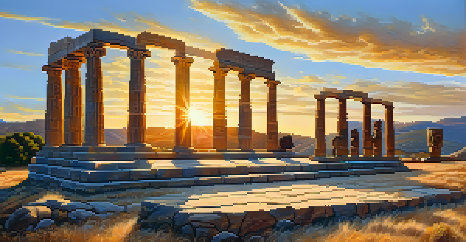 A tranquil scene of weathered Greek stone statues with symbolic carvings, illuminated by a warm sunset.