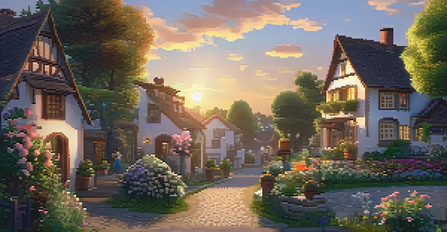 A woman character planting flowers in a beautifully designed village at sunset, surrounded by gardens and charming houses.