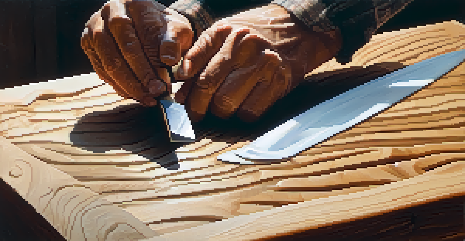 An artist carving wood with a knife, focusing on the hands and tools involved.