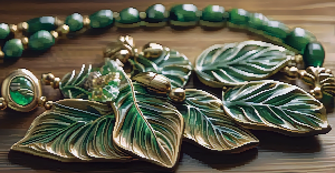 A detailed view of a nature-inspired carved jewelry piece showcasing intricate designs on a wooden surface.