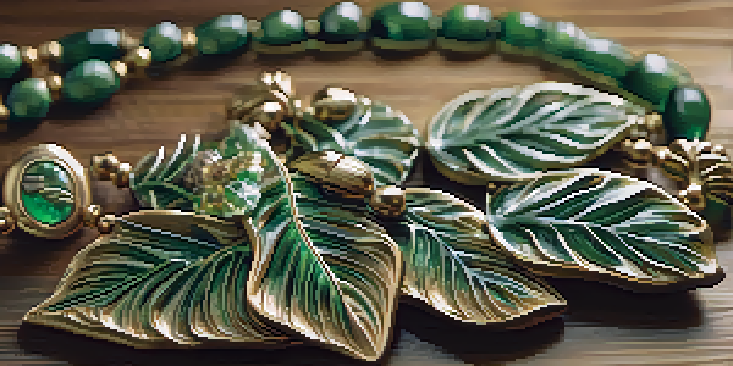 A detailed view of a nature-inspired carved jewelry piece showcasing intricate designs on a wooden surface.
