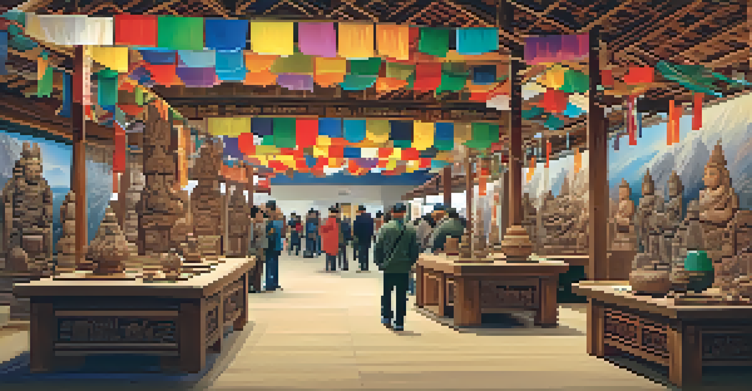 An indoor festival featuring artisans displaying traditional carvings with colorful decorations and visitors admiring the art.
