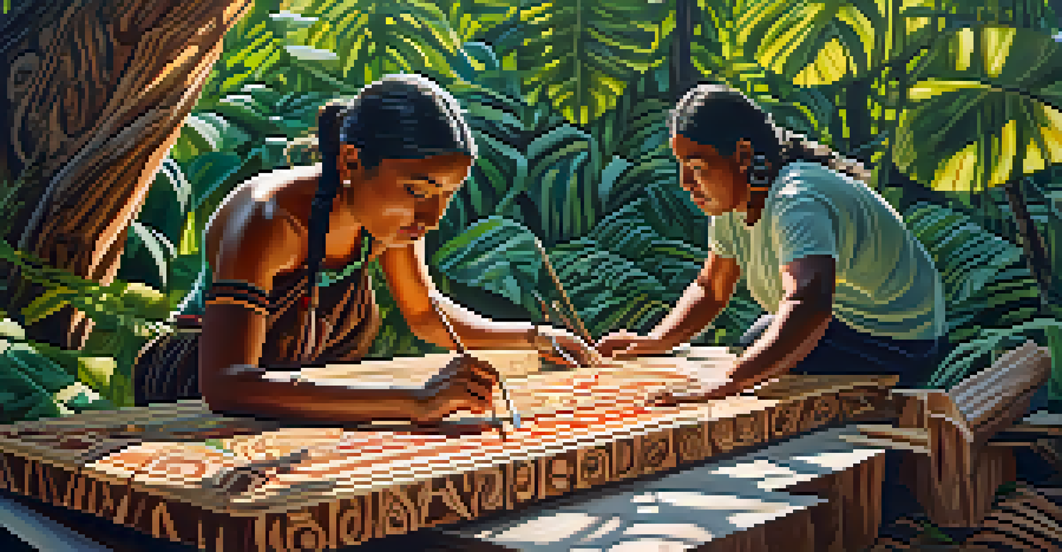 An indigenous artist carving a large wooden piece in a natural setting, surrounded by trees with sunlight filtering through.
