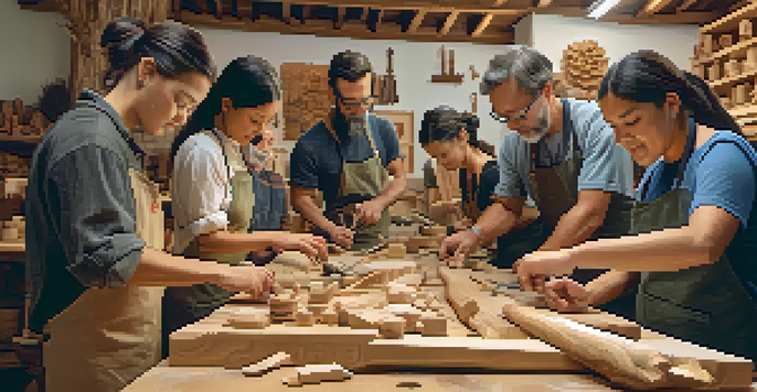 Participants learning carving techniques in a workshop led by an experienced artisan, surrounded by tools and materials.