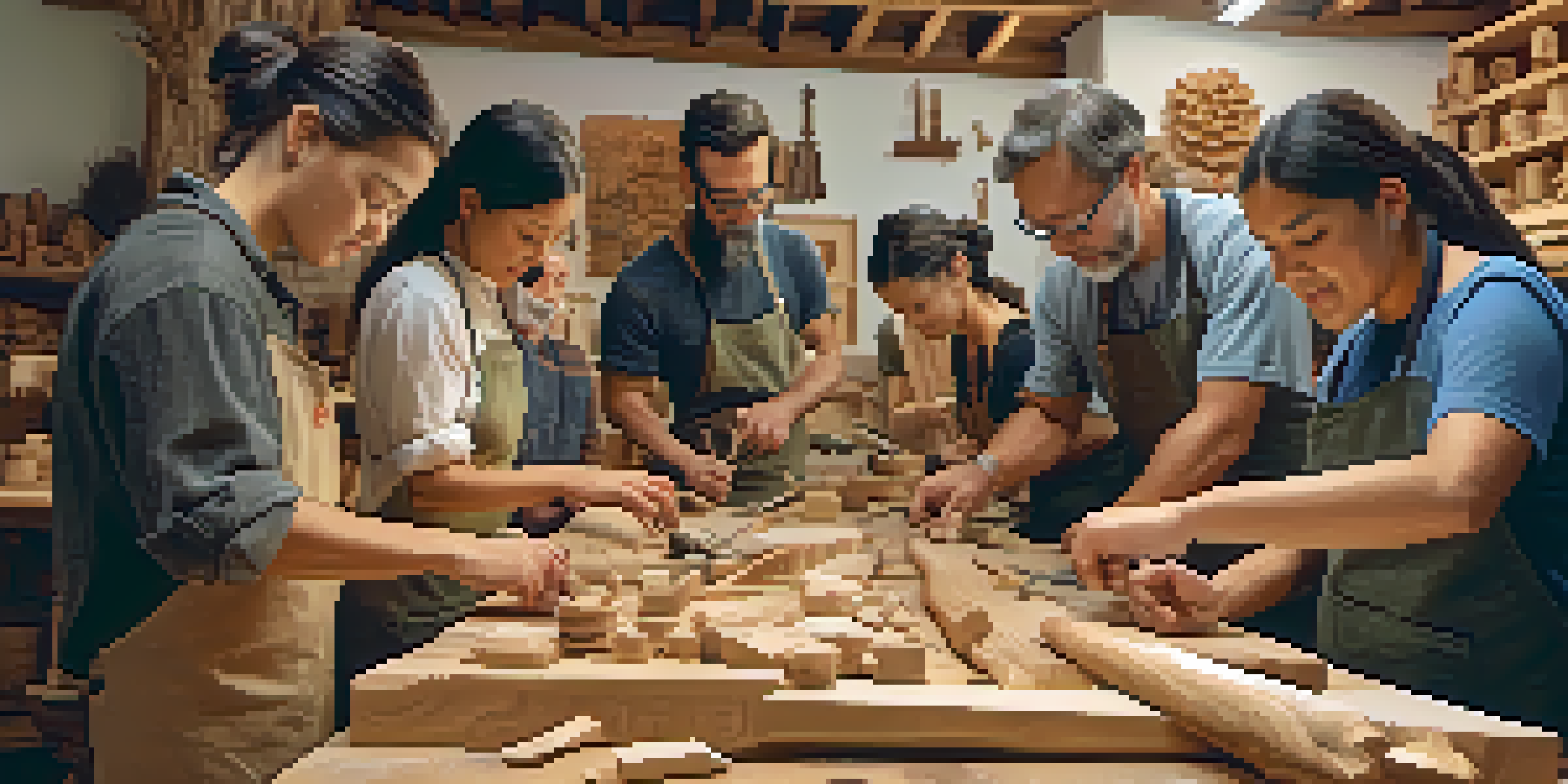 Participants learning carving techniques in a workshop led by an experienced artisan, surrounded by tools and materials.