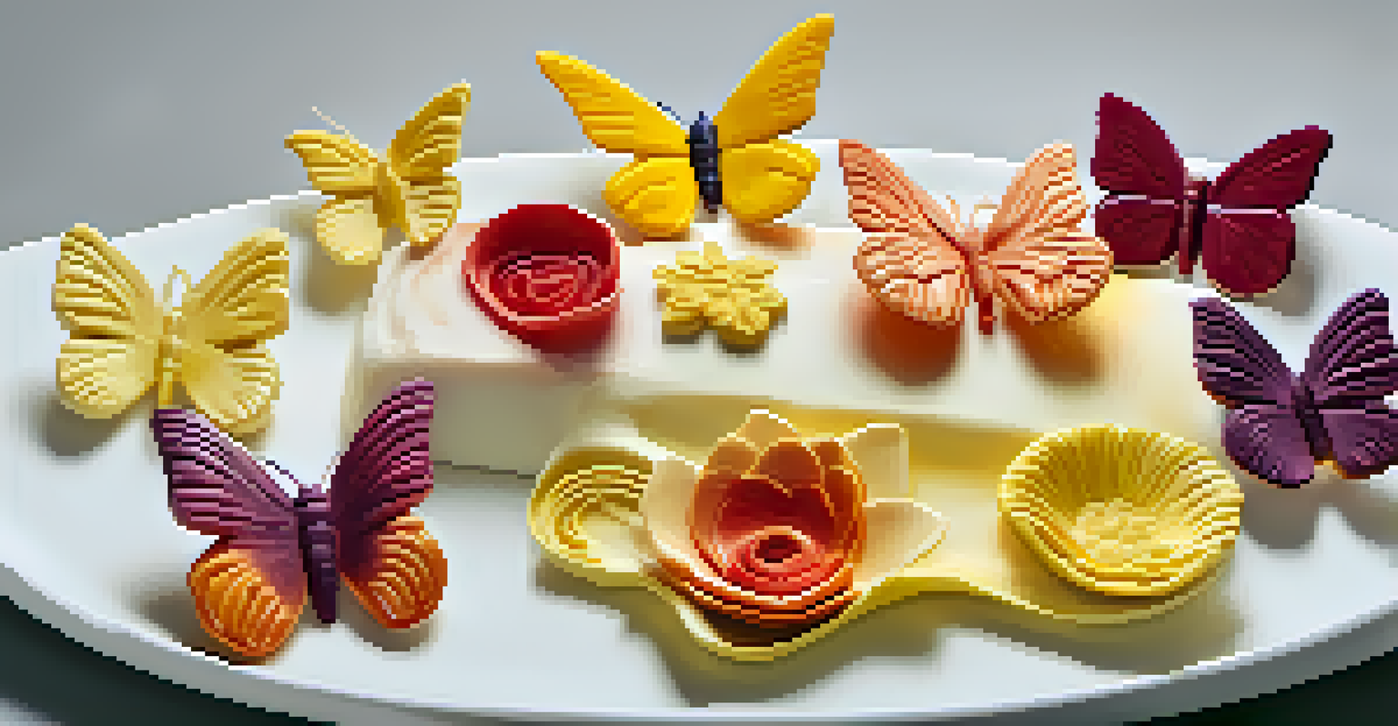 Colorful butter sculptures of a butterfly and flower on a porcelain dish, showcasing vibrant colors and intricate details.
