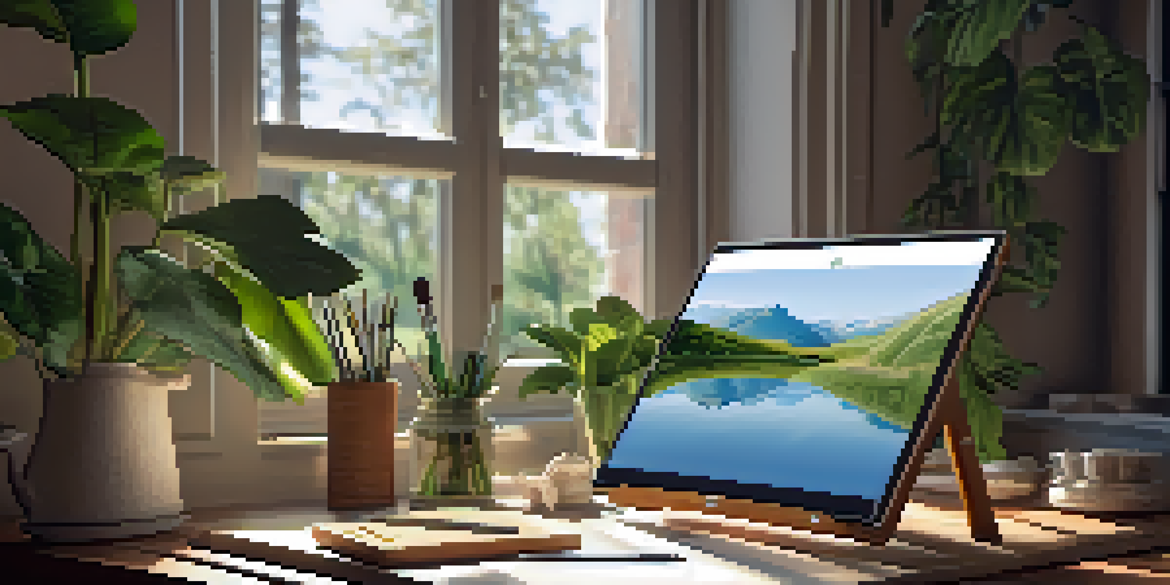 An artist's studio with a digital tablet and stylus on a wooden table, illuminated by sunlight, with plants visible through a large window.