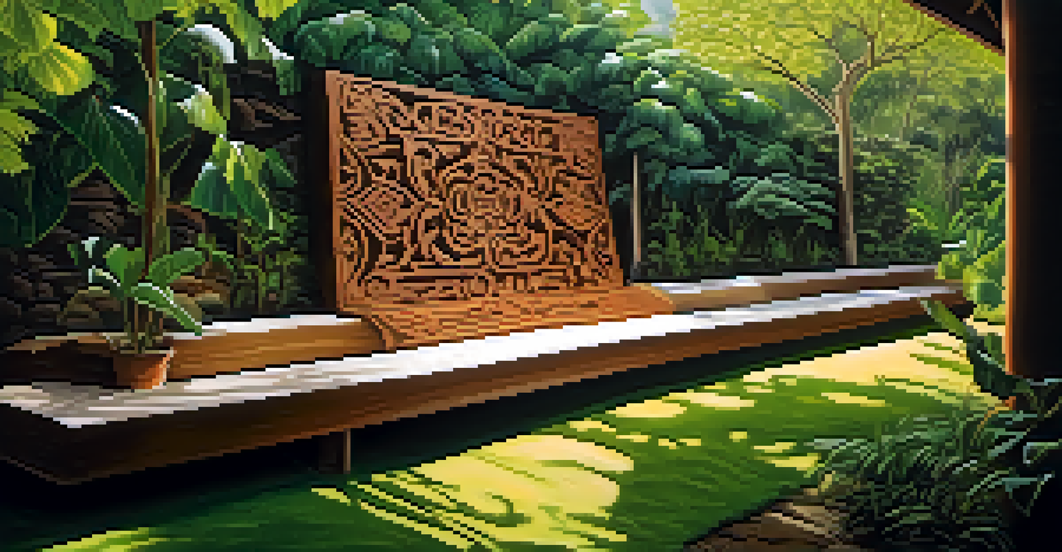 A wooden carving showcasing vibrant colors from natural dyes, placed in a serene outdoor setting surrounded by lush greenery.