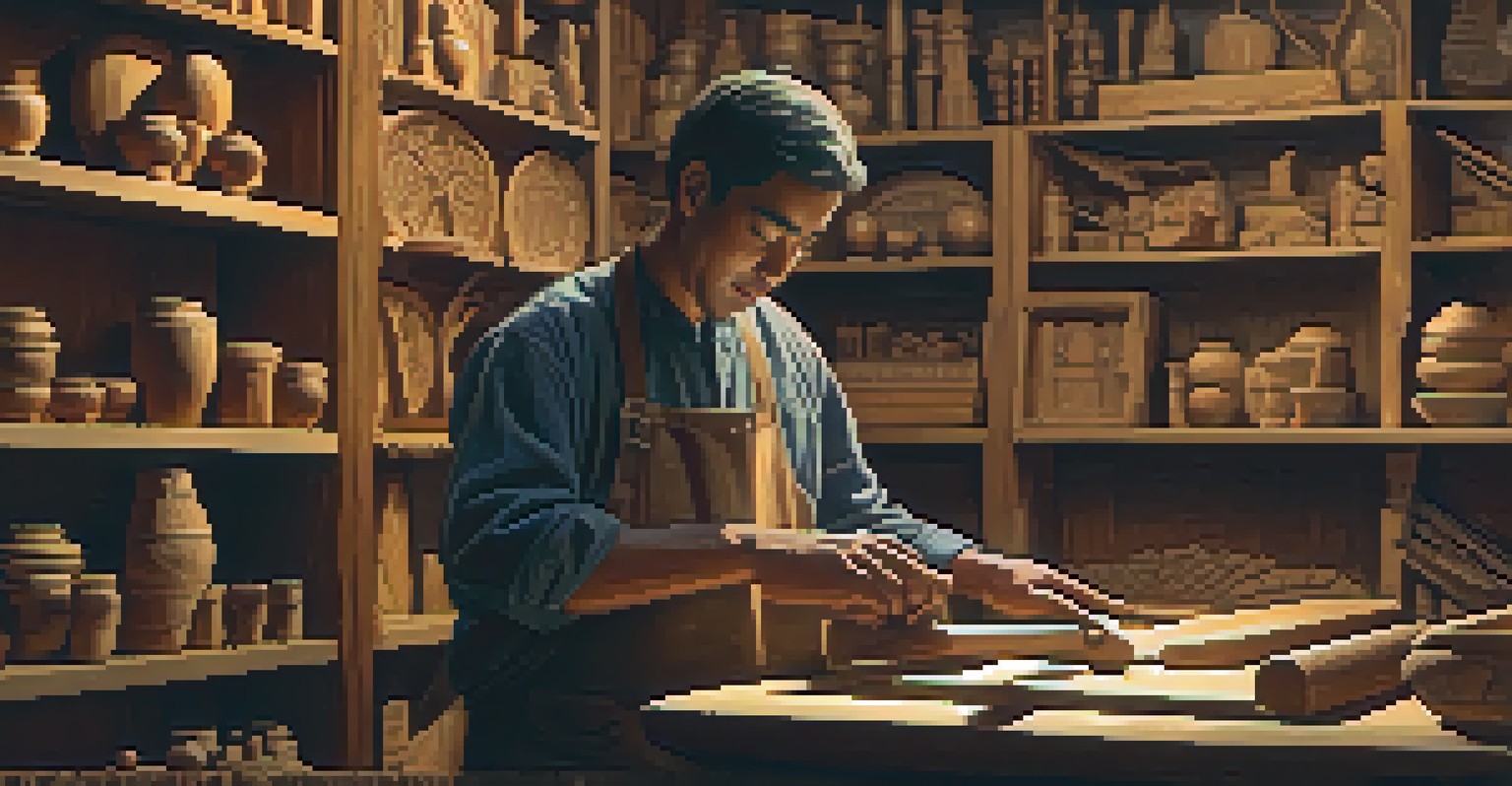 An artisan carving a wooden artifact, showcasing the artisan's concentration and the fine details of the wood.
