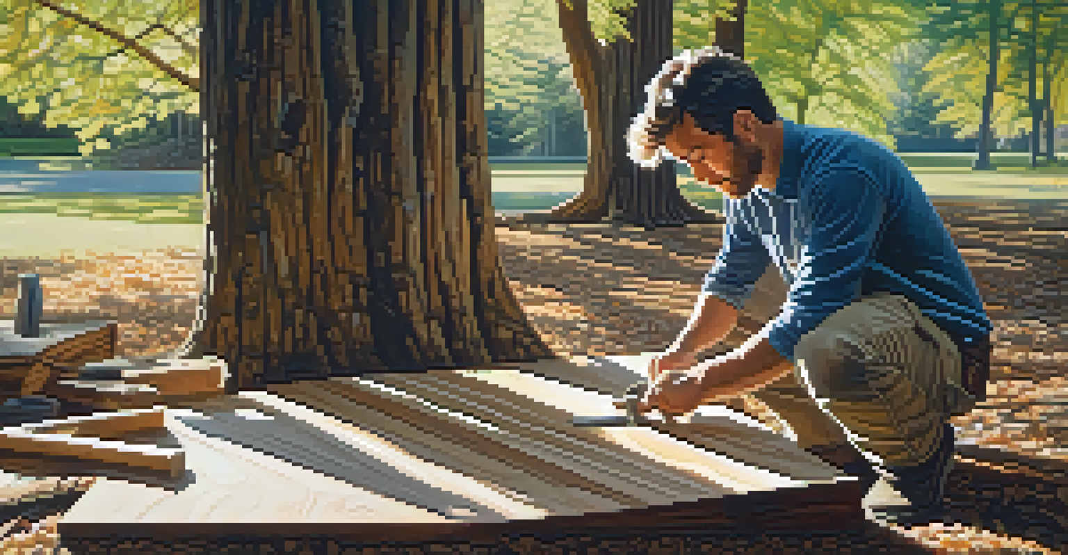 An artist engaged in carving reclaimed wood outdoors, with sunlight filtering through trees and tools scattered around.