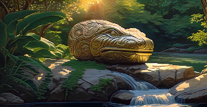 An ancient stone carving of a mythical creature surrounded by greenery, with golden sunlight filtering through the leaves.