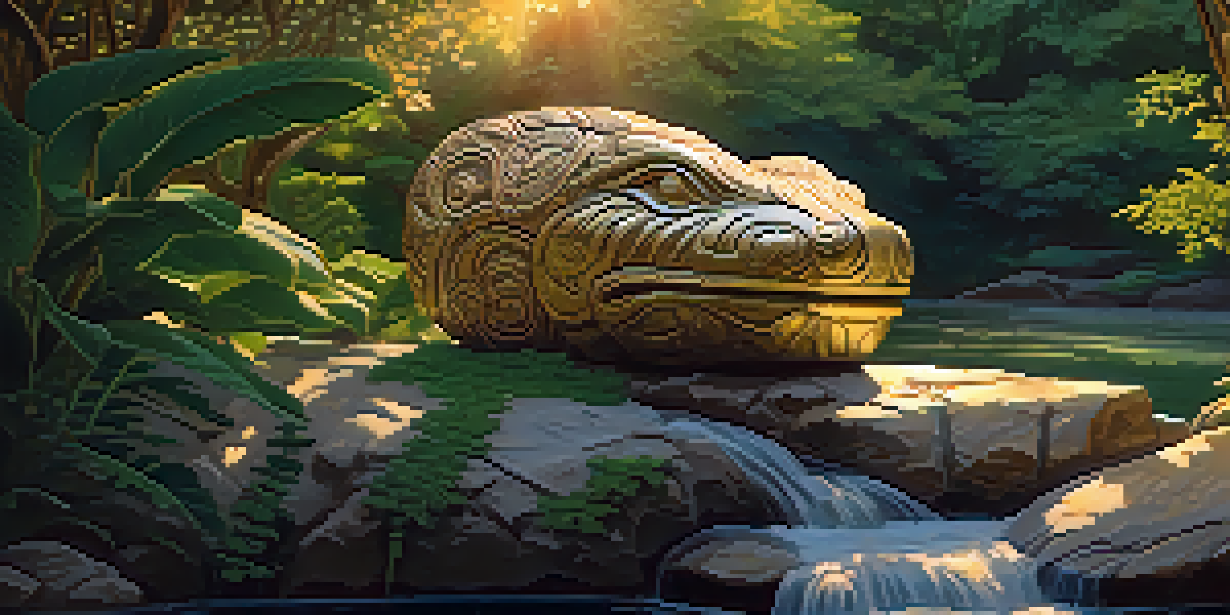 An ancient stone carving of a mythical creature surrounded by greenery, with golden sunlight filtering through the leaves.