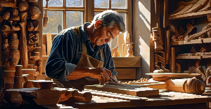 An artisan carving a wooden sculpture in a workshop, surrounded by tools and wood shavings, with sunlight streaming in.