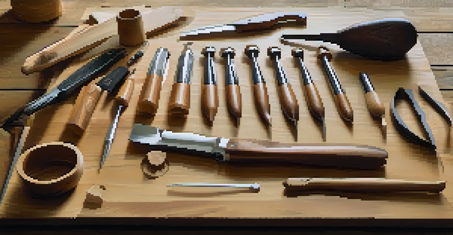 A collection of chip carving tools displayed on a wooden table, including knives and wood pieces, illuminated by soft sunlight.