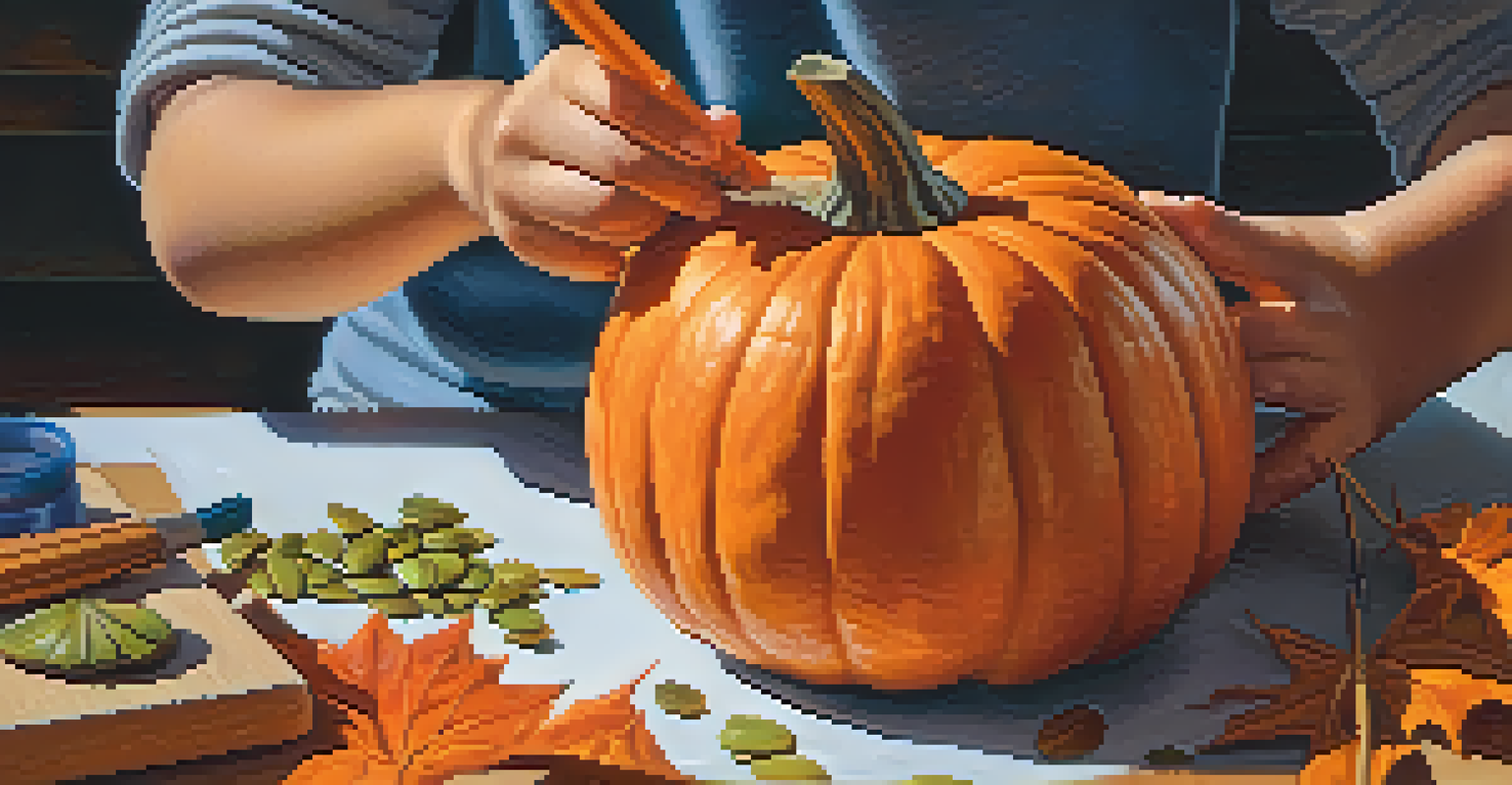 A child focused on carving a pumpkin, with colorful tools and pumpkin seeds scattered around, capturing the joy of creativity.