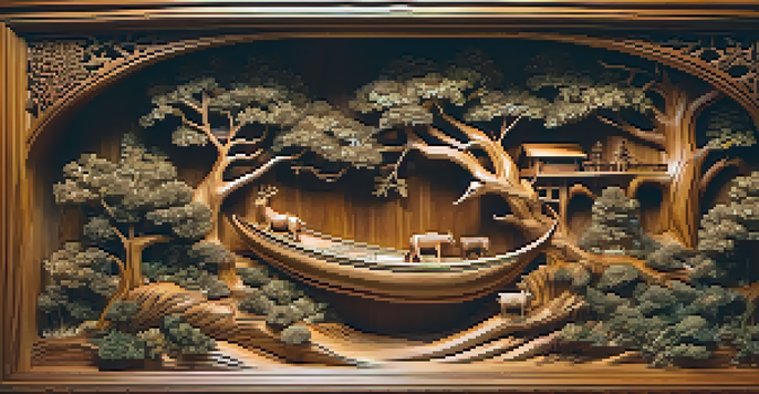 A wooden sculpture intricately carved to represent a forest with detailed animals and a river, illuminated by soft lighting.