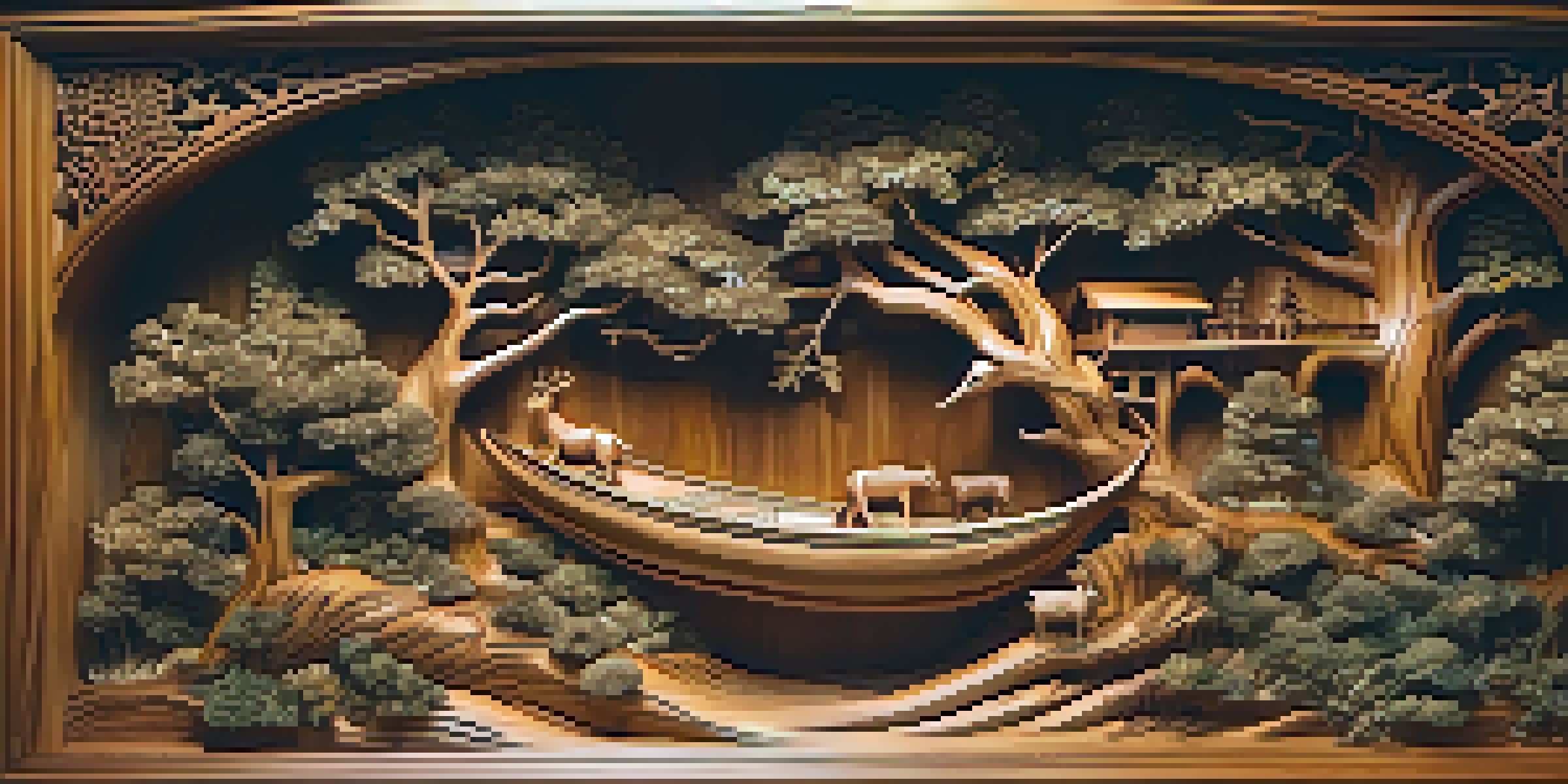 A wooden sculpture intricately carved to represent a forest with detailed animals and a river, illuminated by soft lighting.