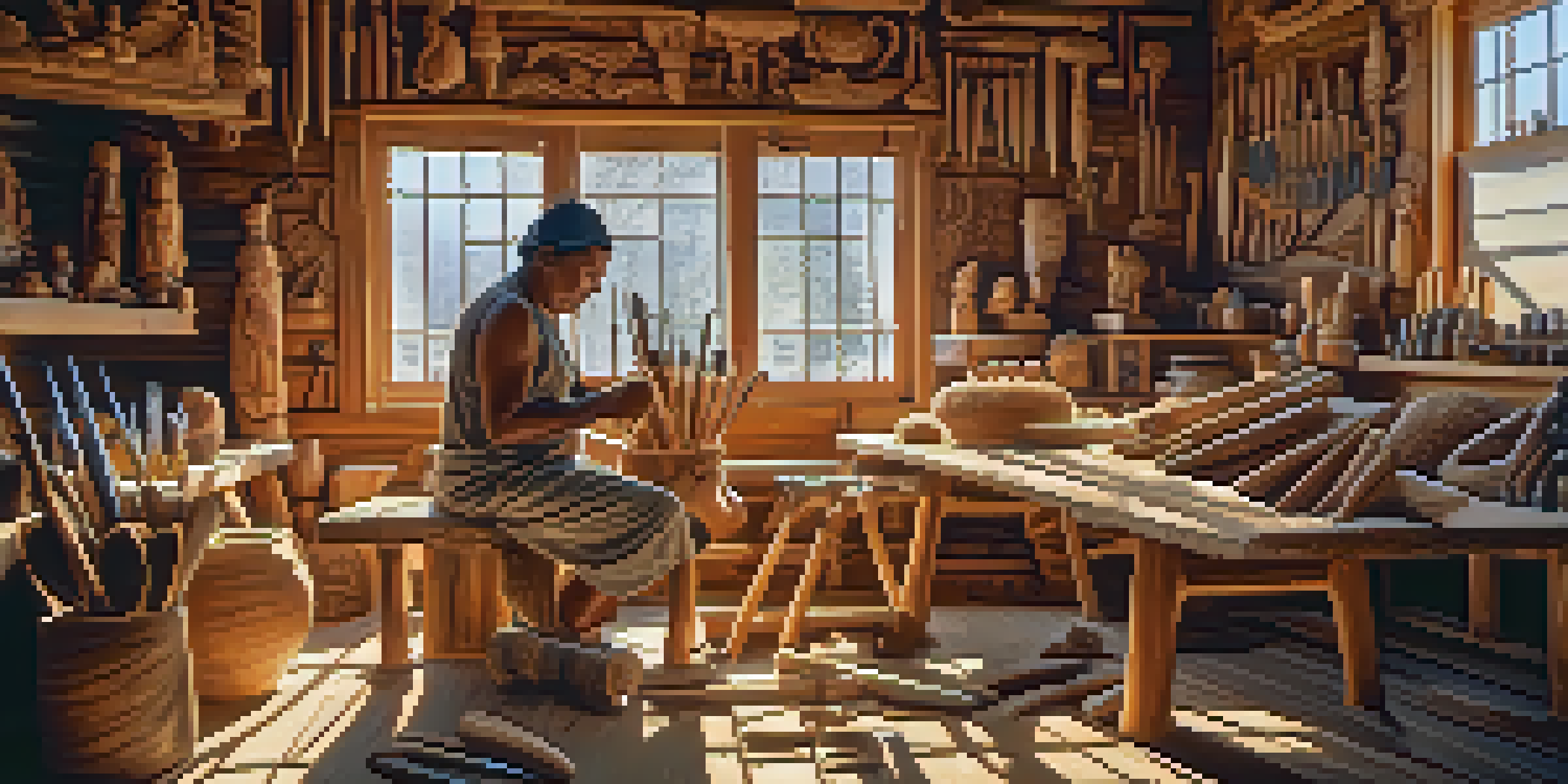 An Indigenous carver focused on creating a wooden sculpture in a workshop filled with traditional carving tools, illuminated by warm sunlight.