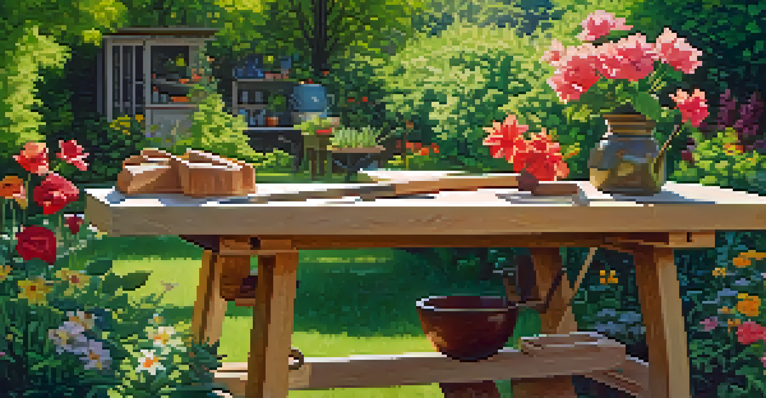 An outdoor carving session in a garden with a workbench, a carving knife, and vibrant greenery.