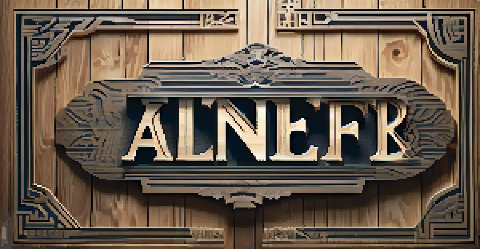 Poster featuring modern typography inspired by carving techniques, with layered textures and light effects on a wood background.