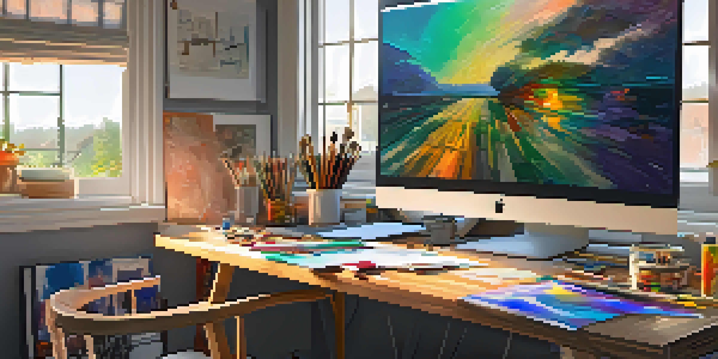 A digital artist's workspace with a large monitor showing a vibrant portfolio, surrounded by art supplies and bathed in soft morning light.