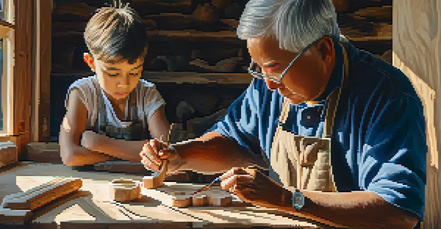 A young artisan learning carving techniques from an elder in a workshop filled with tools and wooden sculptures.