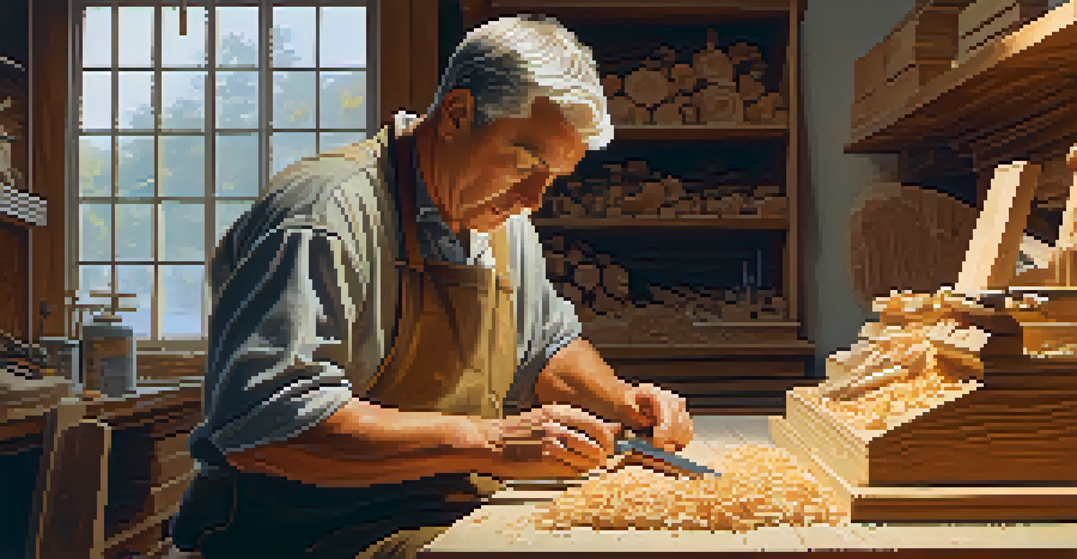 A woodcarver shaping softwood with a whittling knife in a workshop filled with wood shavings and warm light.