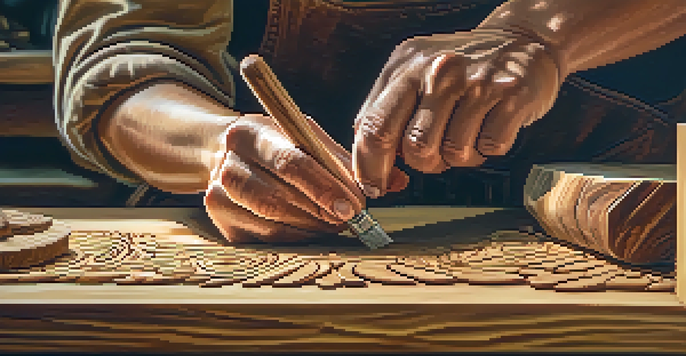 A close-up of a woodcarver's hands working on a piece of wood, with tools and shavings in the background.