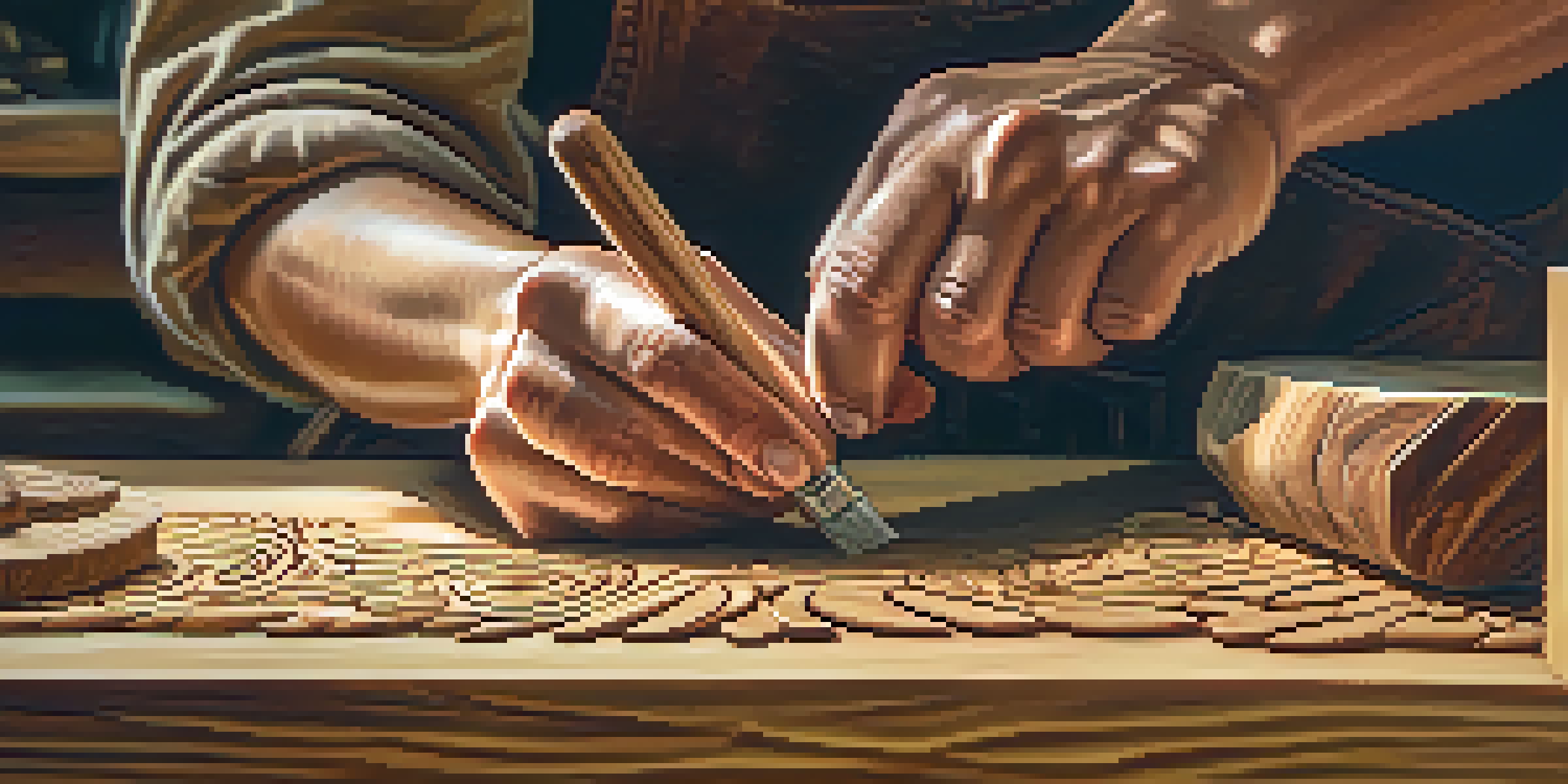 A close-up of a woodcarver's hands working on a piece of wood, with tools and shavings in the background.
